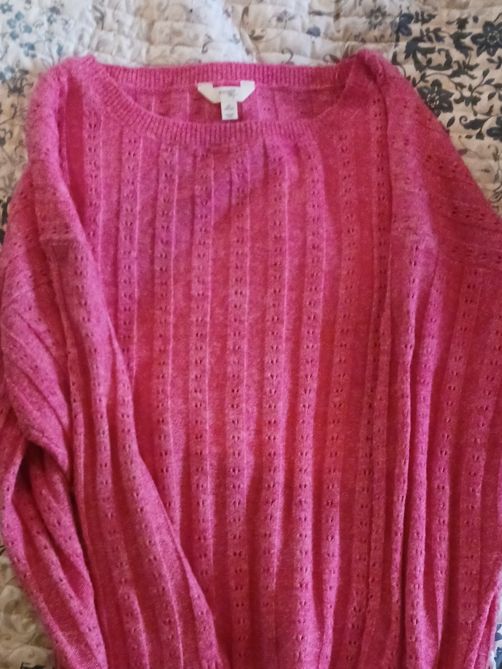 Terra & Sky Hot Pink Eyelet-Stripe Crewneck Sweater